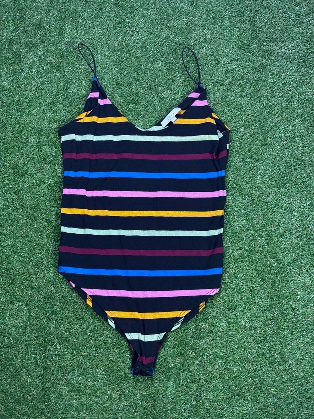 Gaze Multi-Color Striped Spaghetti Strap Bodysuit Size L